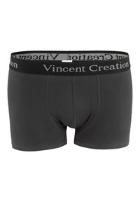 Boxer shorts grigi di tessuto morbido, con un design aderente. L'elastico nero mostra "Vincent Creation" in lettere grigie.