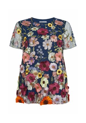 Marineblaue Kurzarmbluse mit transparenten Ärmeln, verziert mit mehrfarbigen bestickten und aufgenähten Blumenmustern überall.