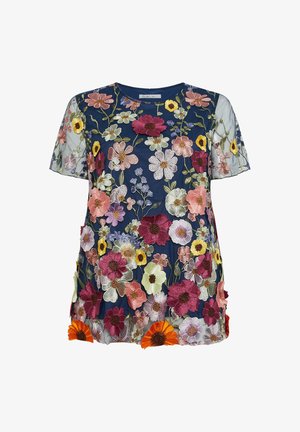 Marineblauwe blouse met korte mouwen en doorschijnende mouwen, versierd met meerkleurige geborduurde en appliqué bloemenpatronen overal.