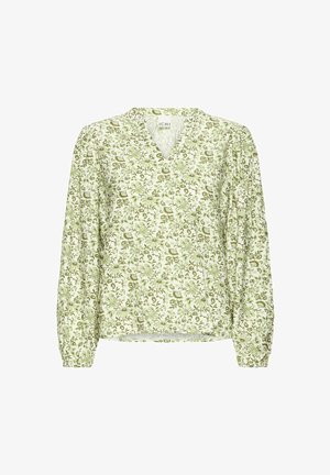 Lysegrøn bluse med blomstermønster, v-hals design, lange pufærmer og elastiske manchetter, lavet af et blødt, tekstureret stof.