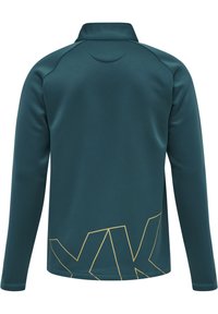 Langarm sporttop in donkerteal, met een hoge kraag, gouden geometrische patronen en een gladde, gestructureerde stof.