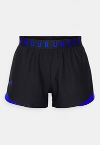 Svarta atletiska shorts med ett blått midjeband med texten "ARMOUR UNDER". Sidodetaljer i blått. Tillverkade av lätt tyg.