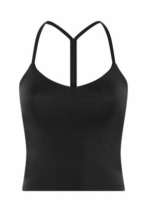 Čierny orezaný top s tenkými ramienkami a dizajnom ramienka v tvare písmena Y na bielom pozadí.