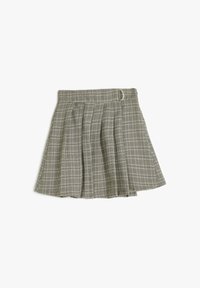 Falda de cuadro gris con plisados, que presenta un detalle de cintura con cinturón. Confeccionada en una tela ligera con una textura suave y un dobladillo regular.