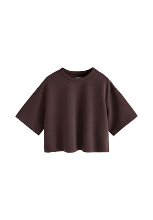 Mørkebrun cropped sweatshirts med korte ærmer, rund hals og løs pasform, vist på hvid baggrund.