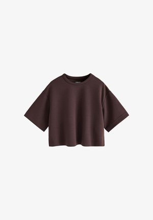 Mørkebrun cropped sweatshirts med korte ærmer, rund hals og løs pasform, vist på hvid baggrund.
