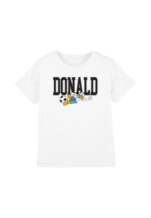 White T-shirt with "DONALD" in bold black letters and a cartoon duck kicking a soccer ball below the text.