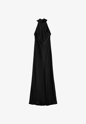 Robe noire sans manches avec un col montant, fabriquée en tissu lisse. Elle présente une silhouette fluide et un design longueur cheville.