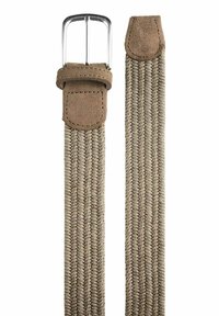 Vävt elastiskt bälte i beige med en ända av mockaläder och spänne i silvermetall. Har ett texturerat mönster för flexibilitet och komfort.