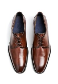 Scarpe eleganti da uomo in pelle marrone con finitura liscia, design con lacci e punta arrotondata. Presentano cuciture discrete e suola in gomma testurizzata.