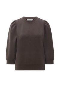 Felpa marrone con scollo rotondo, maniche a sbuffo e polsini a coste. Realizzata in tessuto morbido con una consistenza liscia e vestibilità comoda.