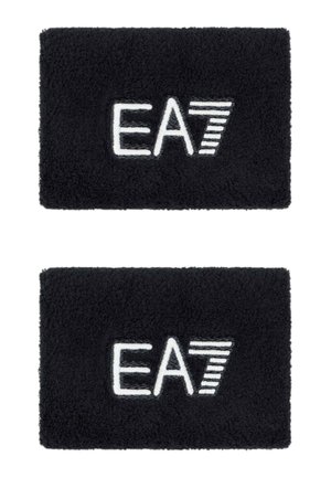 Due fasce da polso rettangolari nere con logo "EA7" bianco ricamato al centro di ciascuna.
