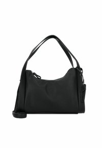 Sac à main en cuir noir avec une surface texturée, une forme arrondie, deux poignées et une petite étiquette décorative sur le côté.