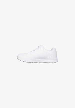 White athletic sneaker with lace-up design, cushioned sole, and subtle stitch detailing, shown from the side on a white background.