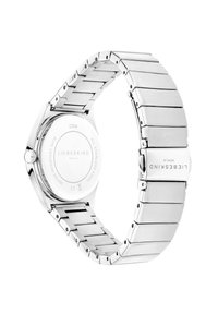 Silberne Edelstahl-Armbanduhr mit einem verlinkten Armband, rundem Gehäuse und graviertem Rücken, der den Markennamen und die Wasserdichtigkeitsdetails anzeigt.