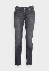 Mörkgrå denimjeans med rak passform, fem fickor och subtila blekningar. Har metalldetalj med knapp och dragkedjestängning samt sydda detaljer.