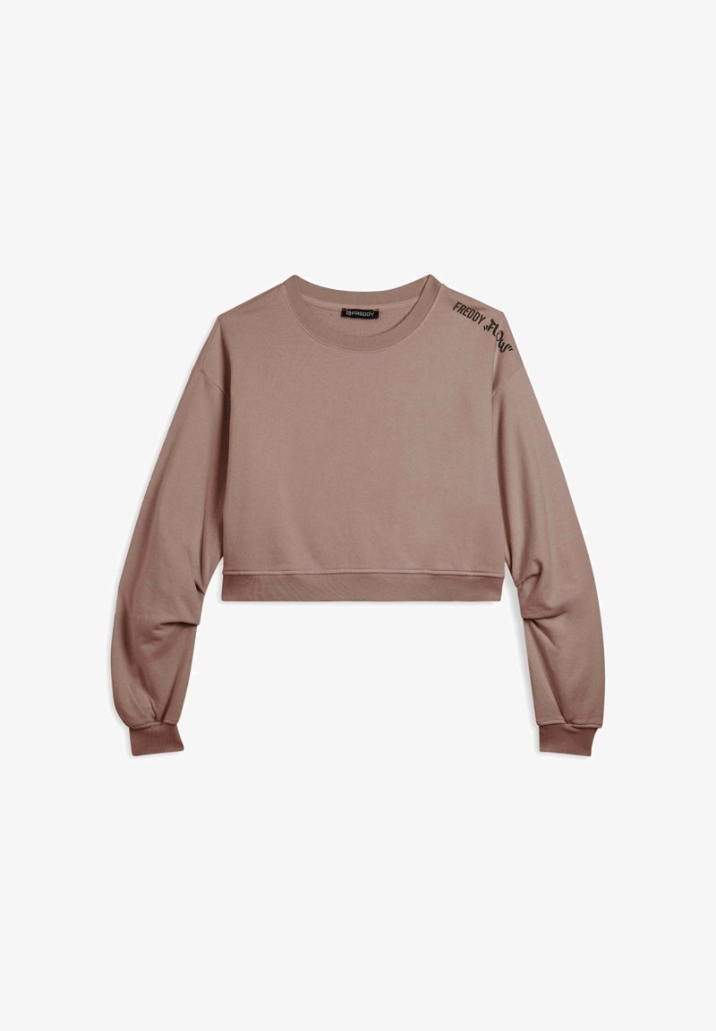 Sudadera de manga larga recortada en marrón claro, hecha de tejido suave. Presenta un cuello redondo y un sutil logo "FREDDY" en el hombro.