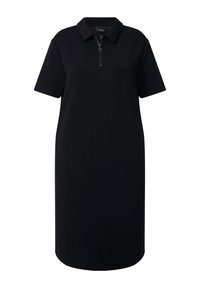 Robe polo noire longueur genou avec manches courtes, col et fermeture éclair frontale.