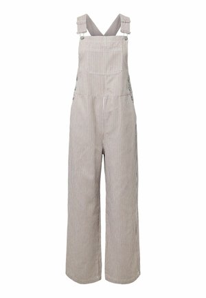 Svītraini bēša un balta kokvilnas kombinezons ar regulējamām plecu lencēm, priekšējā krūšu kabata un platas bikses.