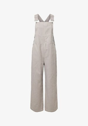 Svītraini bēša un balta kokvilnas kombinezons ar regulējamām plecu lencēm, priekšējā krūšu kabata un platas bikses.