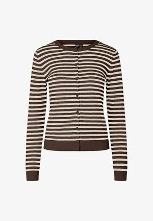 Brown and cream striped cardigan with a round neckline, long sleeves, button closure, and ribbed cuffs and hem. Cotton blend material.