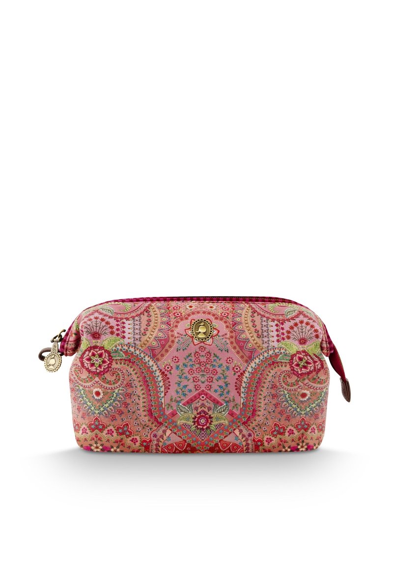 Cosmetic tas met een roze paisley patroon, gouden accenten en een ritssluiting. Gemaakt van duurzaam stof, met bloem- en geometrische ontwerpen.