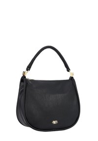 Borsa a tracolla in pelle nera con forma curva, manico testurizzato e dettagli in metallo dorato. Presenta una chiusura con zip e un logo.