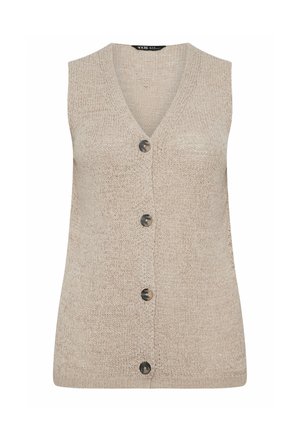 Cárdigan beige sin mangas de punto con escote en V y cuatro botones redondos oscuros en la parte delantera, hecho de tela de tejido suelto.