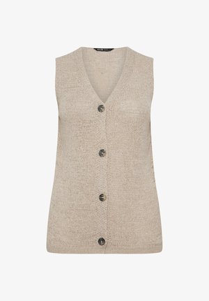 Beige strikket ærmeløs cardigan med V-hals og fire mørke runde knapper foran, lavet af løst vævet stof.