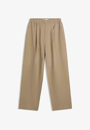 Pantaloni bej, cu picioare largi, confecționați dintr-o țesătură moale, cu talie elastică și plisuri frontale, având o textură fină și un design croit.