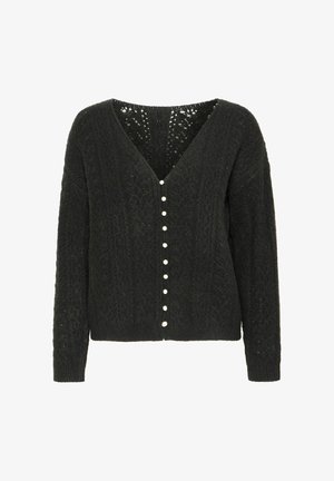 Black knitted cardigan featuring a v-neck, long sleeves, and a row of small white buttons down the front with a textured pattern.