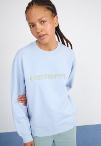 Lyseblå genser med brodert "carhartt"-logo i gulgrønn. Løs passform med ribbestrikkede mansjetter og hem, kombinert med stripete bukser.