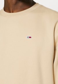 Beiges Sweatshirt mit rundem Ausschnitt, aus weichem Stoff. Verfügt über einen kleinen Logopatch in Rot, Weiß und Blau auf der Brust.