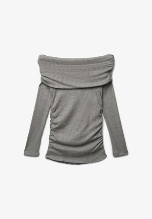 Gray ribbed long-sleeve top with off-the-shoulder wide fold-over neckline and ruched sides shown flat on white background.