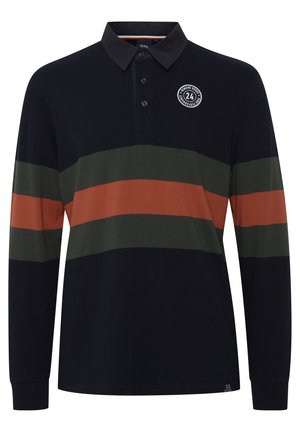 Long-sleeve polo shirt in navy with horizontal stripes in olive green and rust. Features a collar and three-button placket, with logo detail.