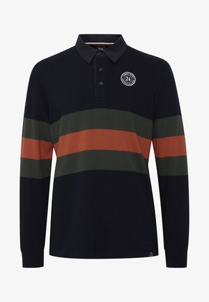 Langermet polo skjorte i marineblå med horisontale striper i olivengrønn og rust. Har krage og tre-knapps placket, med logo detalj.