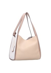 Borsa a spalla in pelle beige con texture liscia, caratterizzata da un pannello bianco a contrasto, una sottile tracolla e un dettaglio laterale con cerniera discreta.