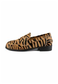 Brown and black tiger print loafers with a smooth fur texture, rounded toe, and minimal black heel accent; slip-on design for easy wear.
