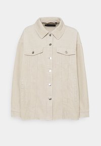 Chaqueta de pana beige con cuello, cierre de botones, dos bolsillos en el pecho y un corte relajado. Textura acentuada de canalé y herrajes metálicos plateados.