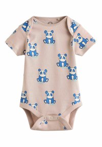 Detské body s krátkym rukávom v svetloružovej farbe, zdobené modrými ilustráciami pandy po celej ploche. Mäkká, elastická látka so zapínaním na patentky na spodnej strane.