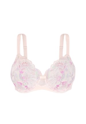 Soutien-gorge à armatures rose clair avec superposition en dentelle florale et bretelles réglables, orné d'un petit nœud décoratif au centre devant.
