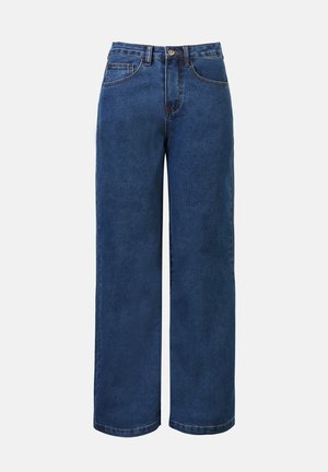 Dark blue denim wide-leg jeans with a high waist, featuring a button closure, belt loops, and front and back pockets. Smooth texture.