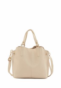 Beige Handtasche aus glattem synthetischem Material. Verfügt über zwei obere Griffe und einen abnehmbaren Schulterriemen, mit goldfarbener Hardwareakzenten.