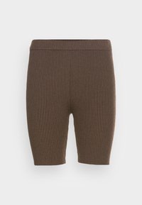 Pantalones cortos de ciclismo de punto acanalado marrón, de cintura alta, con cinturilla elástica y longitud a mitad del muslo, mostrados sobre un fondo blanco.