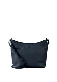 Black leather shoulder bag with a soft texture, a curved top, and a long adjustable strap. Features subtle embossed logo detail.