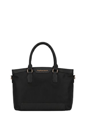 Borsa a mano nera con due manici, elementi dorati e logo GianMarcoVenturi al centro davanti.