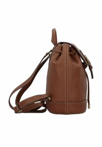 Sac seau en cuir marron avec cordon de serrage, bandoulière ajustable, surface texturée, base circulaire et accents en matériel doré.