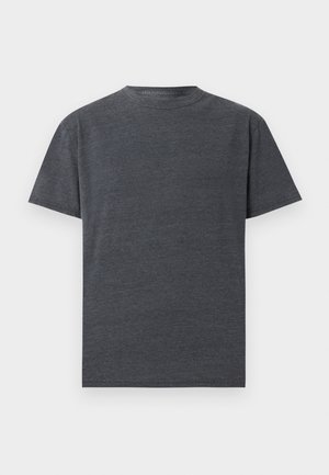 Dunkelgraues T-Shirt mit kurzen Ärmeln und Rundhalsausschnitt, schlichtes Design, flach auf einem hellen Hintergrund dargestellt.