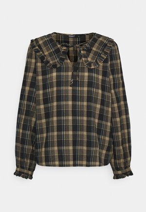 Langærmet beige og sort ternet bluse med flæsekrave og manchetter, med bindedetalje foran.