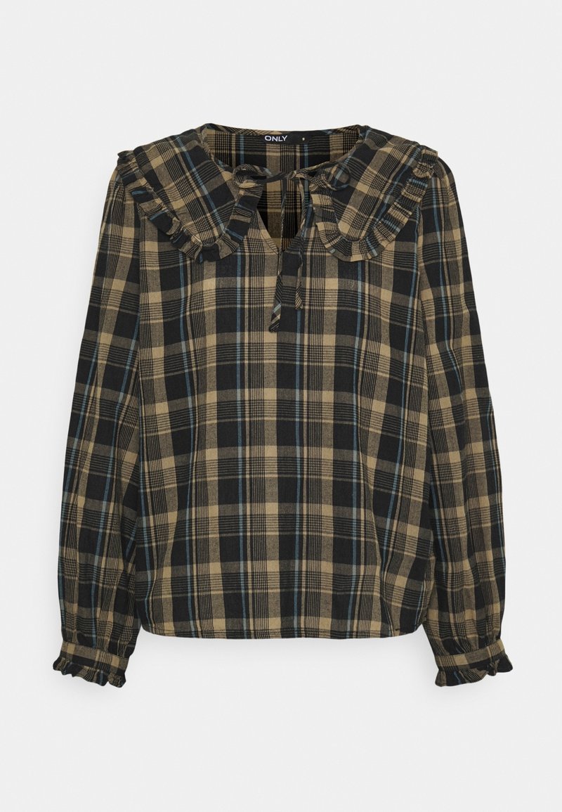 Blouse à manches longues beige et noire à carreaux avec col et poignets à volants, avec un détail de nœud à l'avant.